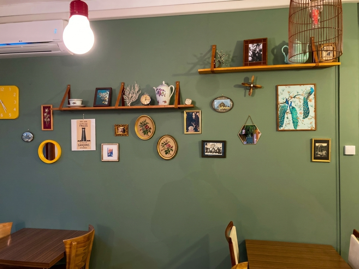 Mur vert couvert de cadres chinés, décoration de la cantine Chez les Filles à Saintes