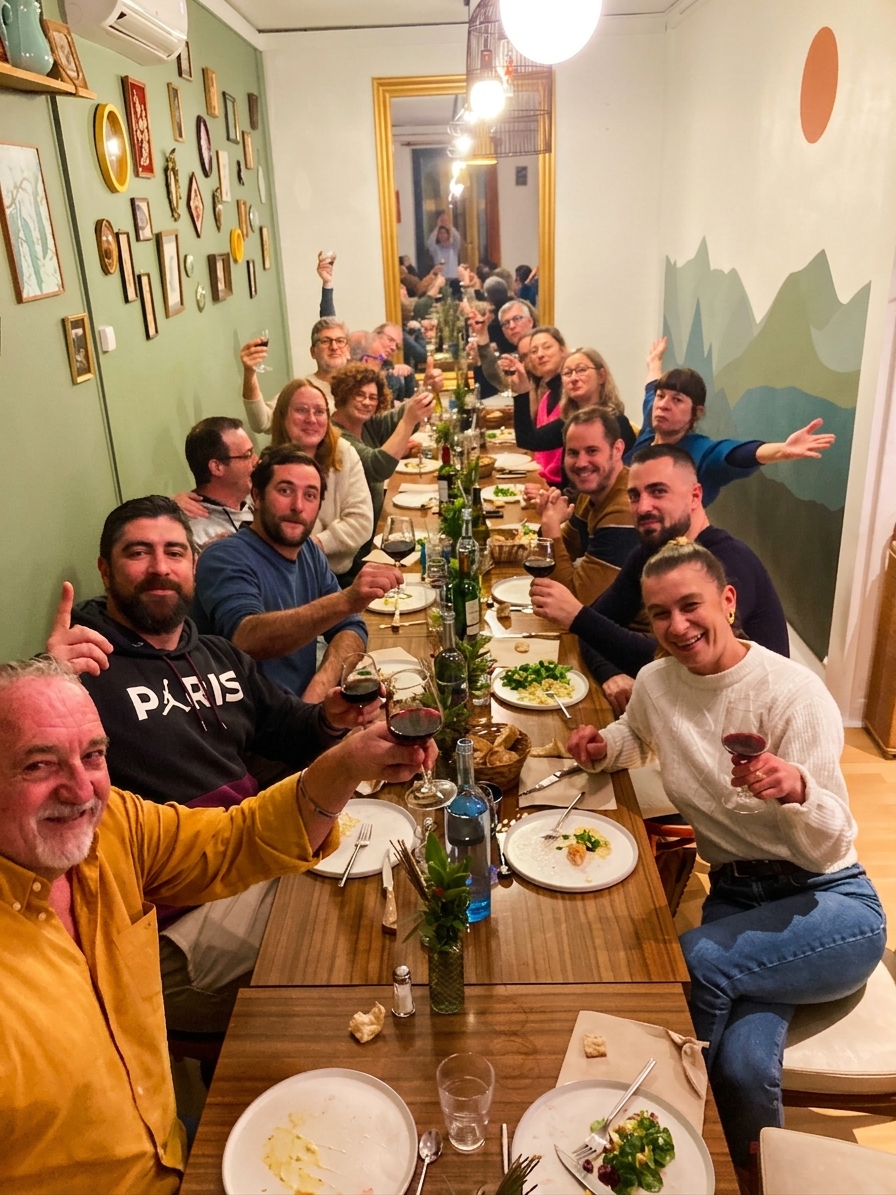Grande tablée de convives trinquant lors d'un repas fait maison Chez les Filles à Saintes